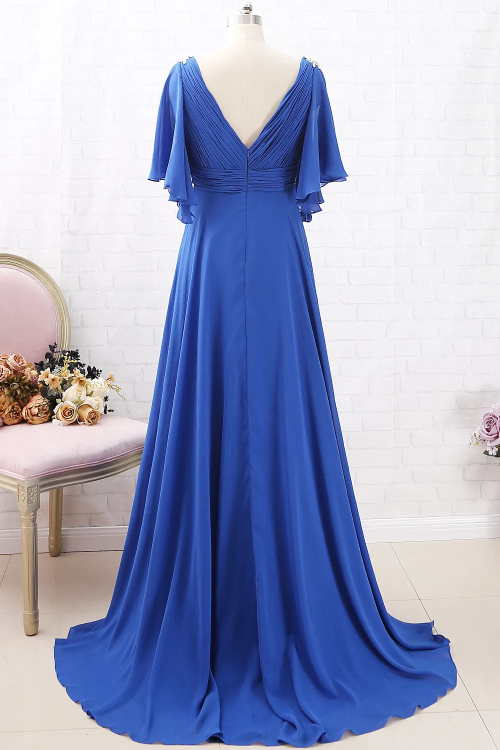 MACloth Short Sleeves V Neck Chiffon Long Mother of the Brides Dress Royal Blue Formal Evening Gown