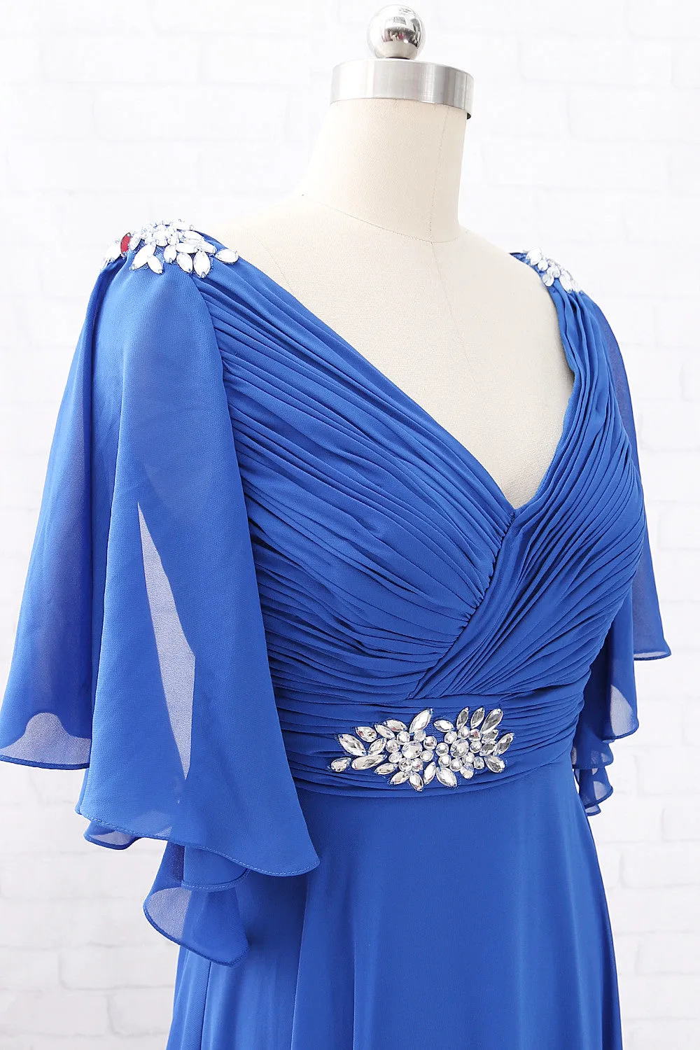 MACloth Short Sleeves V Neck Chiffon Long Mother of the Brides Dress Royal Blue Formal Evening Gown