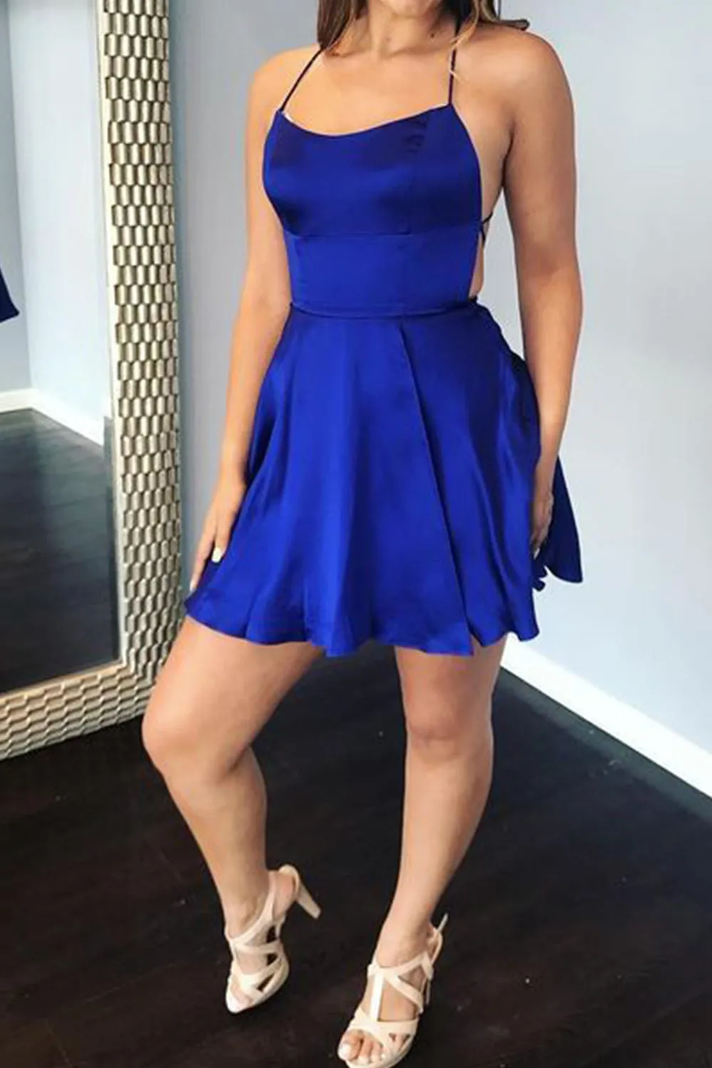 MACloth Spaghetti Straps Scoop Neck Mini Prom Homecoming Dress Burgundy Cocktail Dress