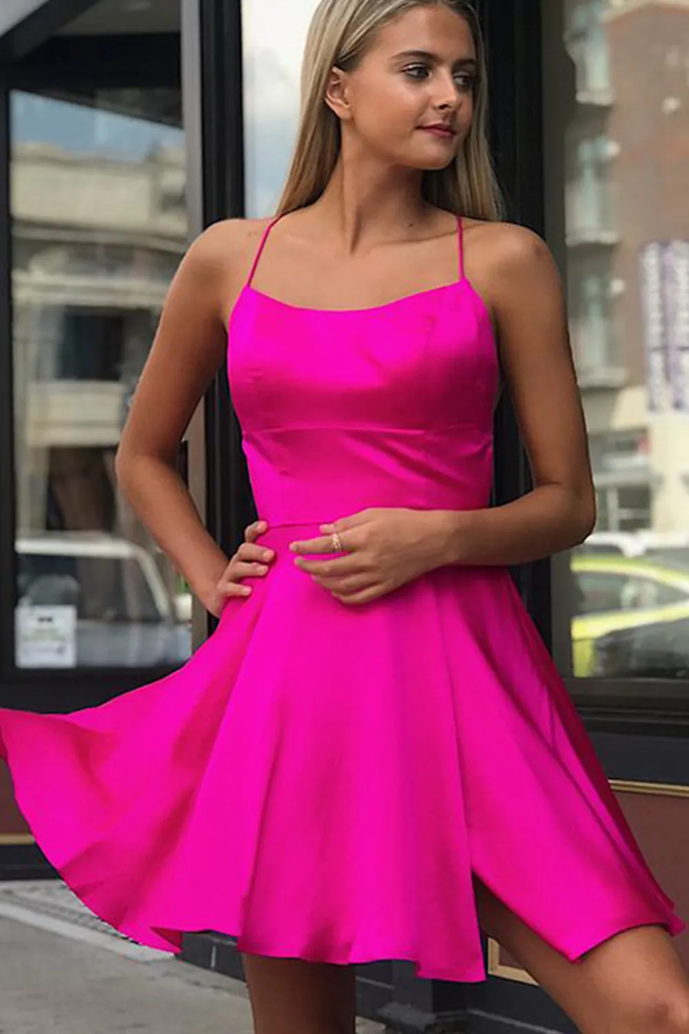 MACloth Spaghetti Straps Scoop Neck Mini Prom Homecoming Dress Burgundy Cocktail Dress