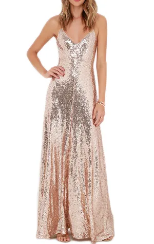 MACloth Spaghetti Straps V Neck Sequin Formal Dress Rose Gold Bridesmaid Dress