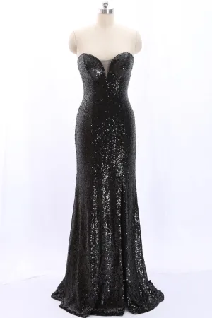 MACloth Strapless Sweetheart Mermaid Black Sequin Long Prom Dress Formal Evening Gown