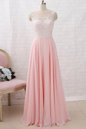 MACloth Straps O Neck Lace Chiffon Pink Long Prom Dress Simple Formal Evening Gown