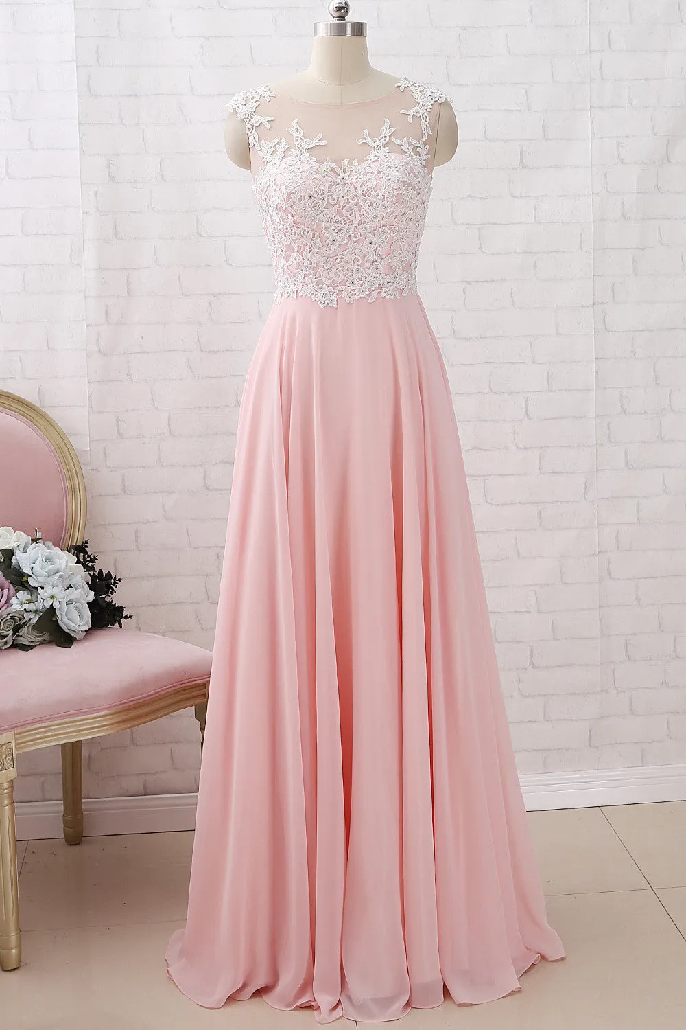 MACloth Straps O Neck Lace Chiffon Pink Long Prom Dress Simple Formal Evening Gown