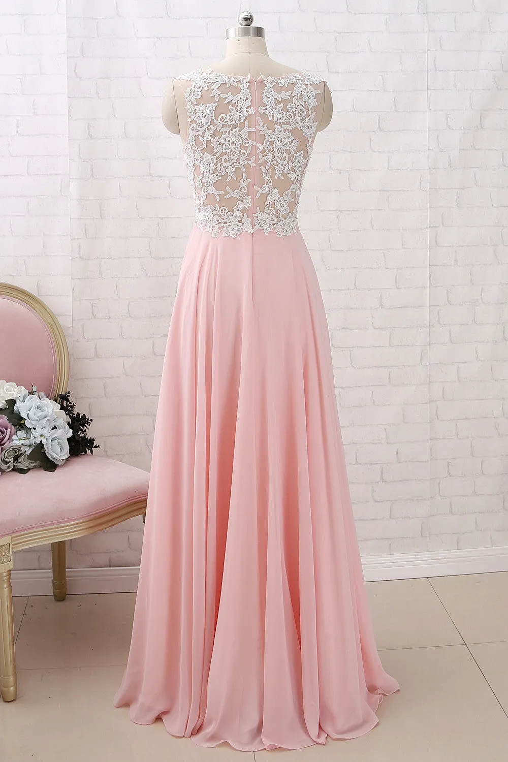MACloth Straps O Neck Lace Chiffon Pink Long Prom Dress Simple Formal Evening Gown