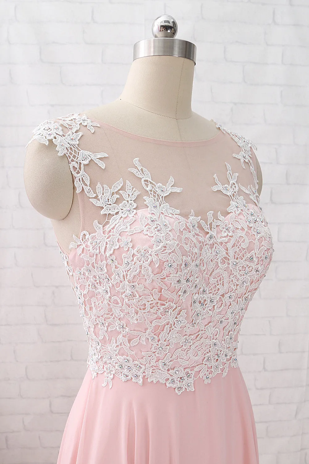 MACloth Straps O Neck Lace Chiffon Pink Long Prom Dress Simple Formal Evening Gown