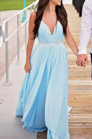MACloth Straps V Neck Chiffon Long Prom Dress Sky Blue Formal Evening Gown