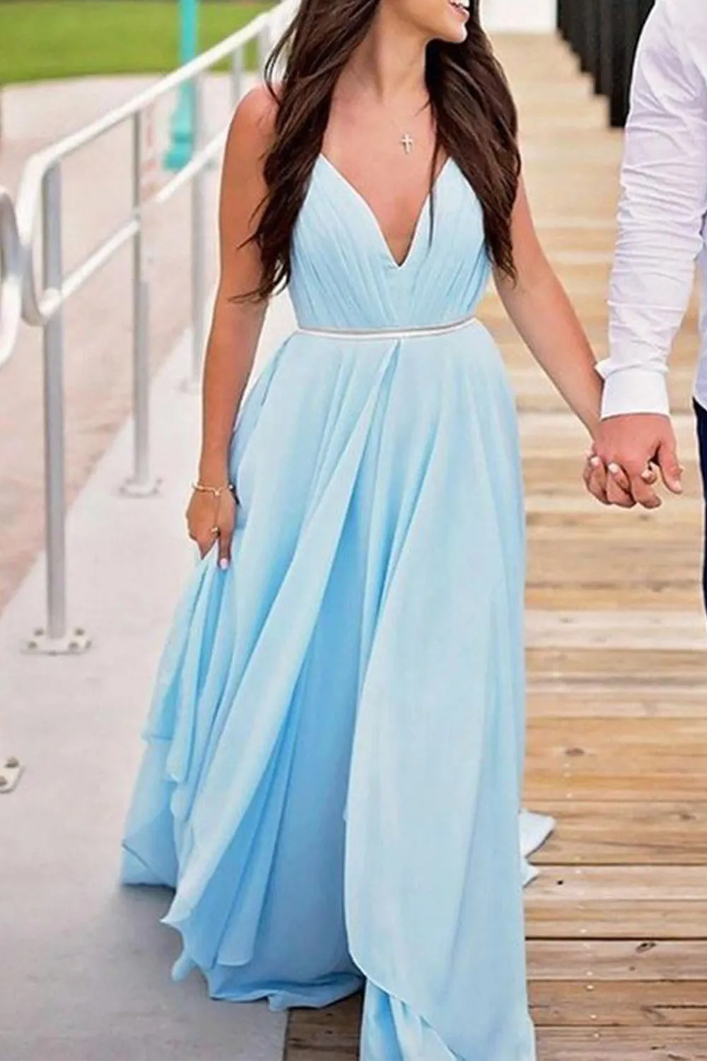 MACloth Straps V Neck Chiffon Long Prom Dress Sky Blue Formal Evening Gown