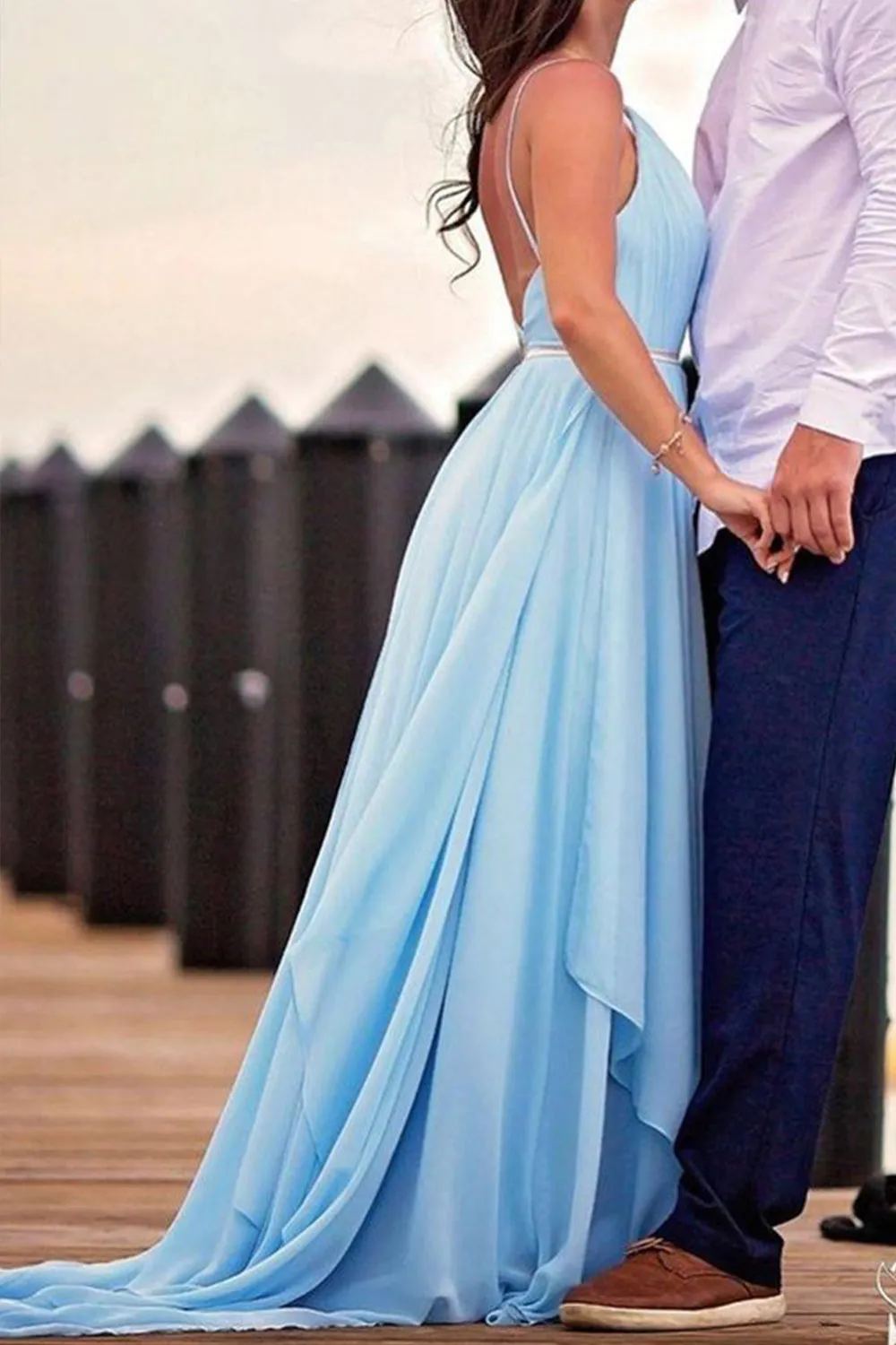 MACloth Straps V Neck Chiffon Long Prom Dress Sky Blue Formal Evening Gown