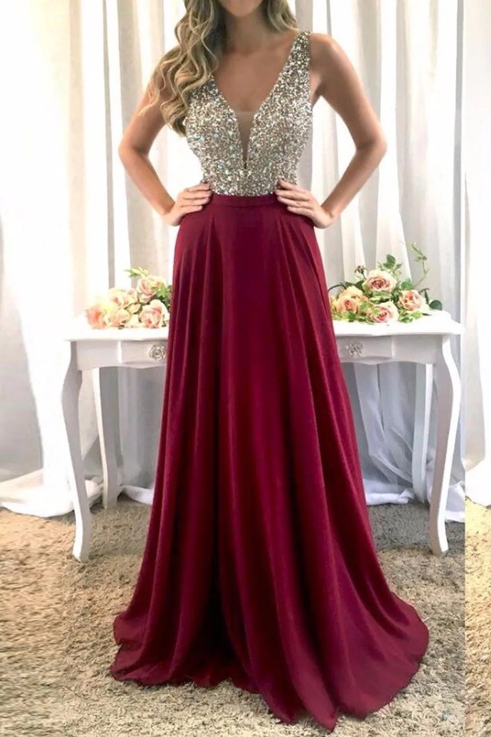 MACloth Straps V Neck Crystals Chiffon Prom Dress Burgundy Formal Evening Gown