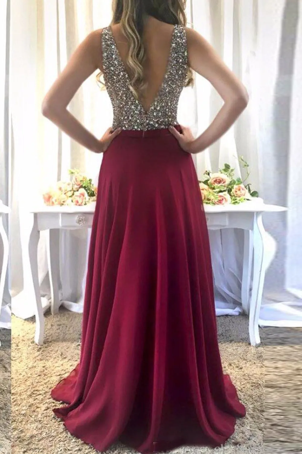 MACloth Straps V Neck Crystals Chiffon Prom Dress Burgundy Formal Evening Gown