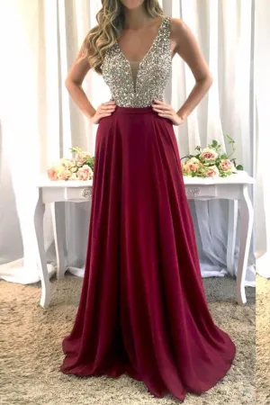 MACloth Straps V Neck Crystals Chiffon Prom Dress Burgundy Formal Evening Gown