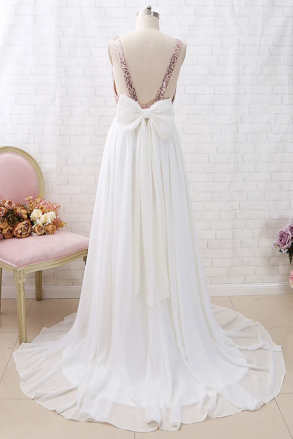 MACloth Straps V Neck Sequin Chiffon Long Prom Dress Rose Gold Formal Evening Gown
