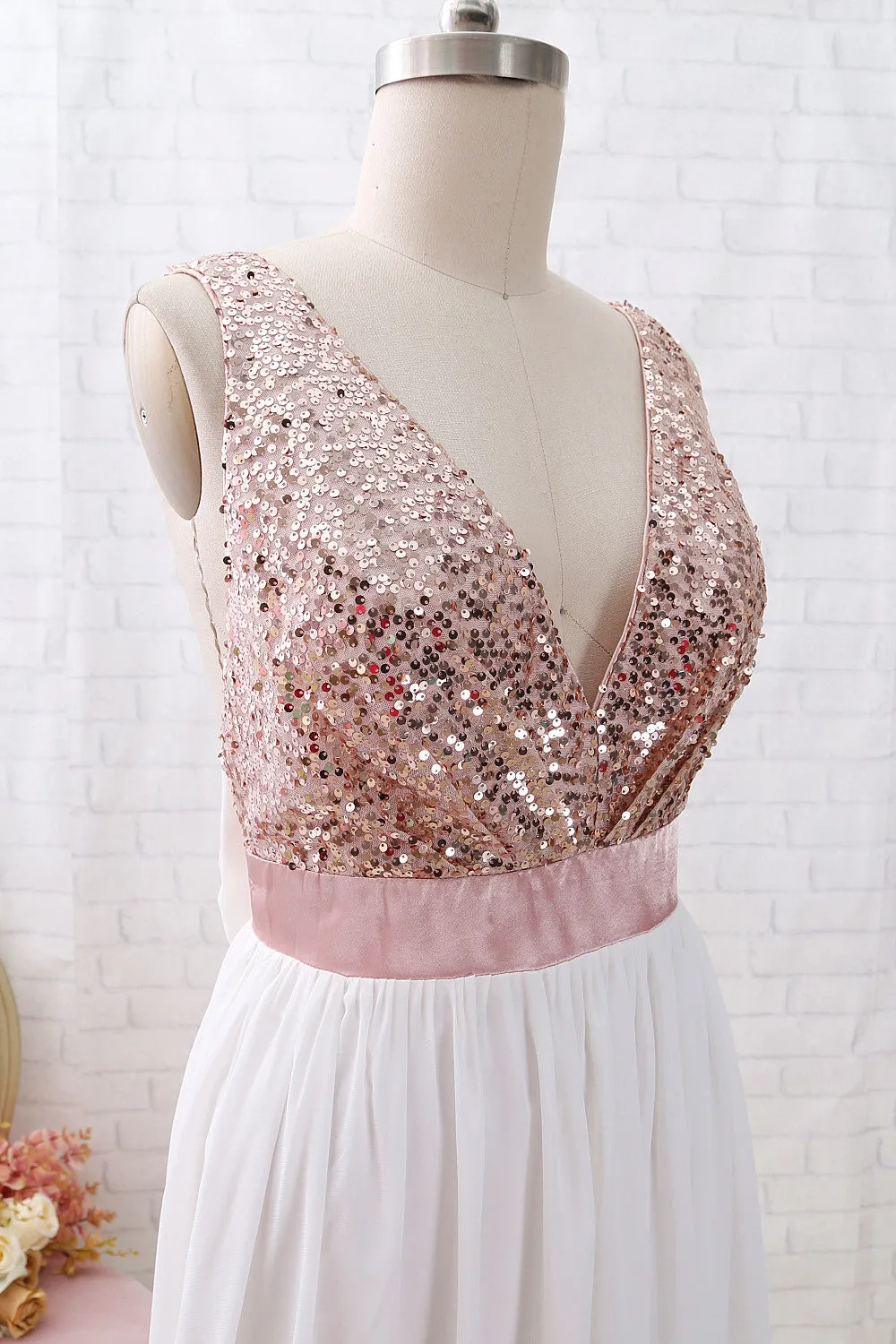 MACloth Straps V Neck Sequin Chiffon Long Prom Dress Rose Gold Formal Evening Gown
