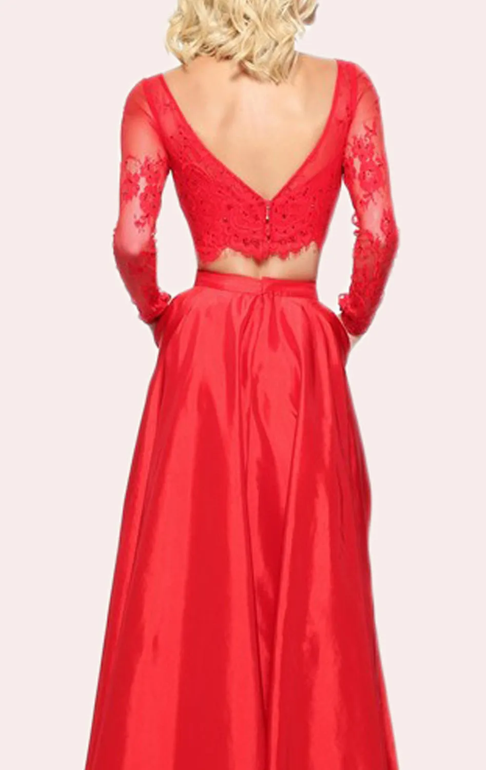 MACloth Two Piece Long Sleeves Lace Taffeta Prom Dress 2017 Red Formal Evening Gown