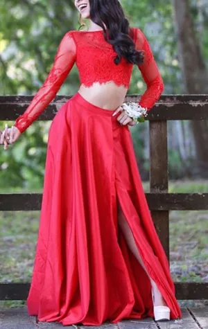MACloth Two Piece Long Sleeves Lace Taffeta Prom Dress 2017 Red Formal Evening Gown