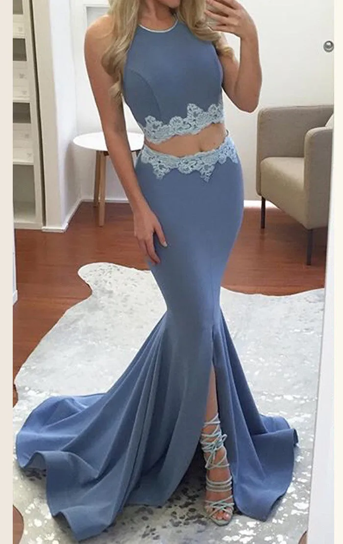 MACloth Two Piece Mermaid Jersey Prom Dress Pink Formal Evening Gown
