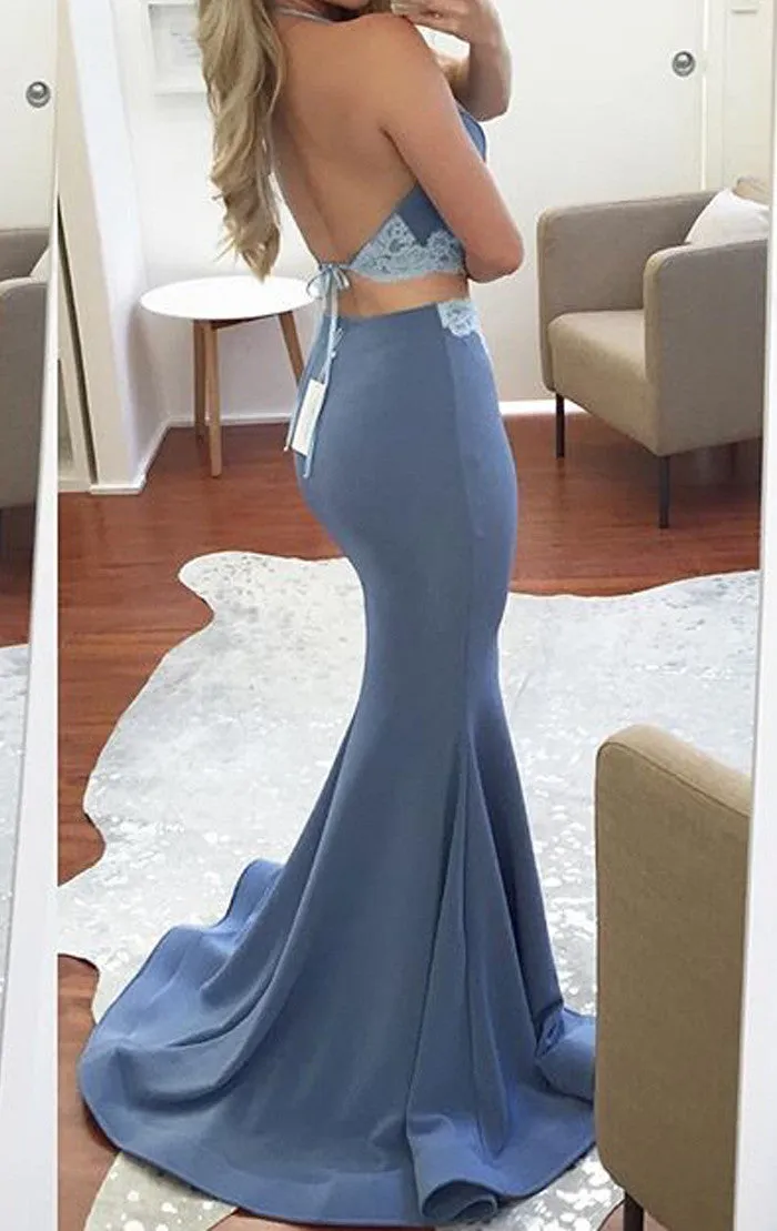 MACloth Two Piece Mermaid Jersey Prom Dress Pink Formal Evening Gown