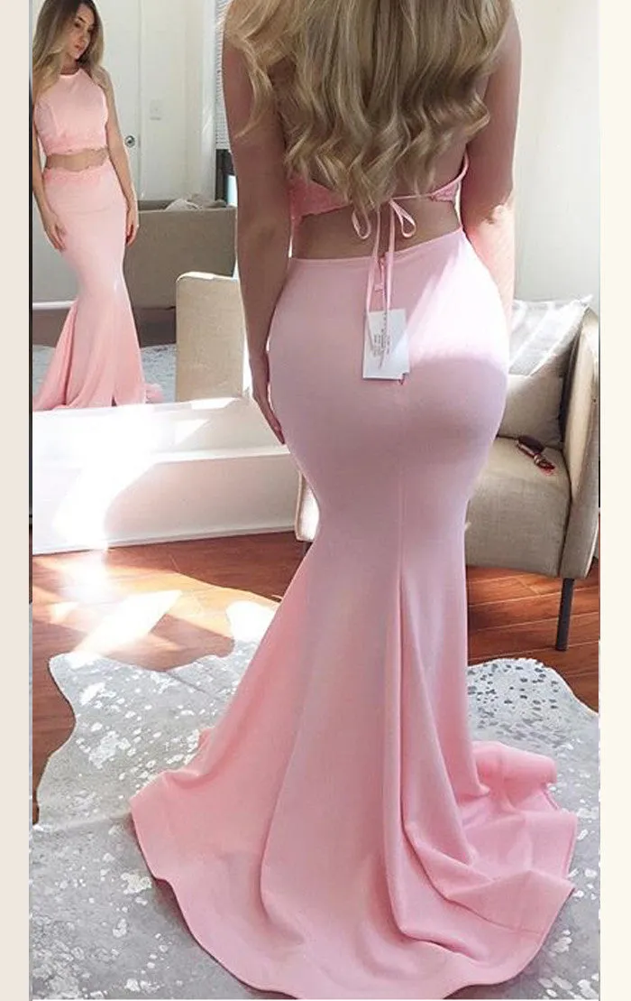 MACloth Two Piece Mermaid Jersey Prom Dress Pink Formal Evening Gown