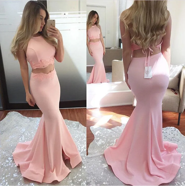 MACloth Two Piece Mermaid Jersey Prom Dress Pink Formal Evening Gown
