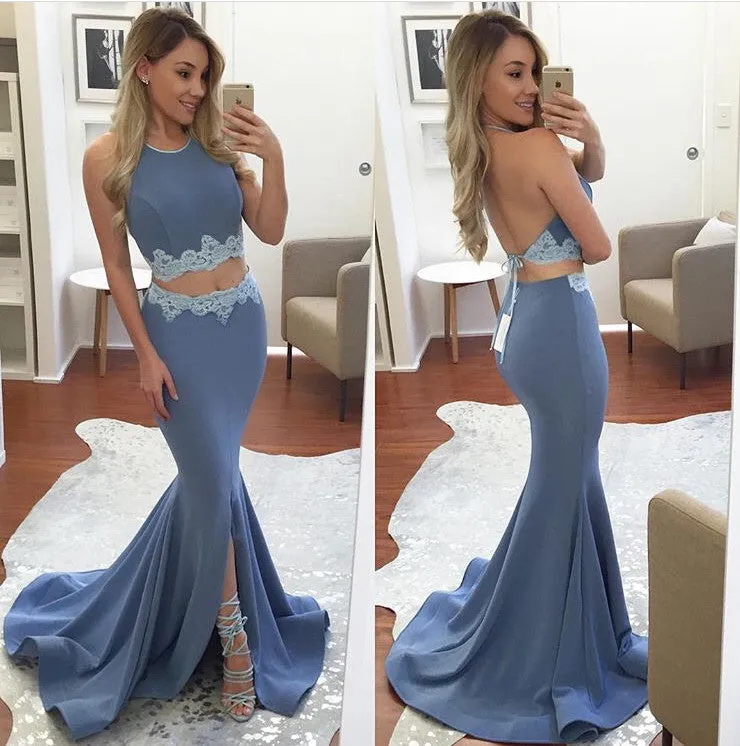MACloth Two Piece Mermaid Jersey Prom Dress Pink Formal Evening Gown