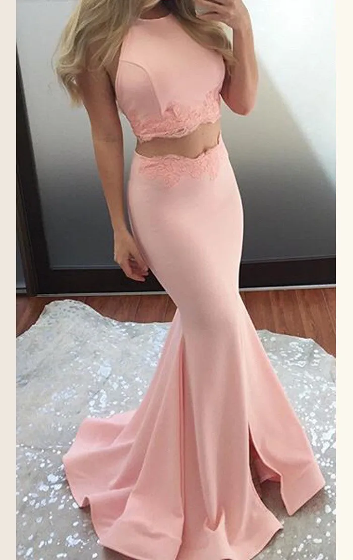 MACloth Two Piece Mermaid Jersey Prom Dress Pink Formal Evening Gown