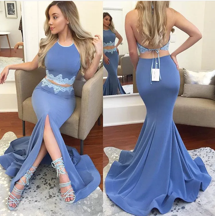 MACloth Two Piece Mermaid Jersey Prom Dress Pink Formal Evening Gown