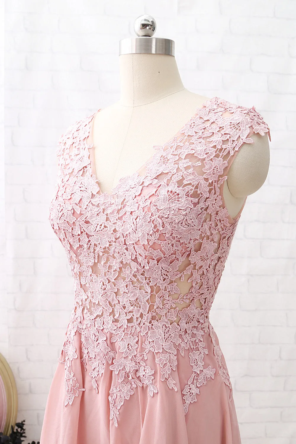 MACloth V Neck Lace Illusion Midi Prom Homecoming Dress Dusty Pink Formal Party Dress