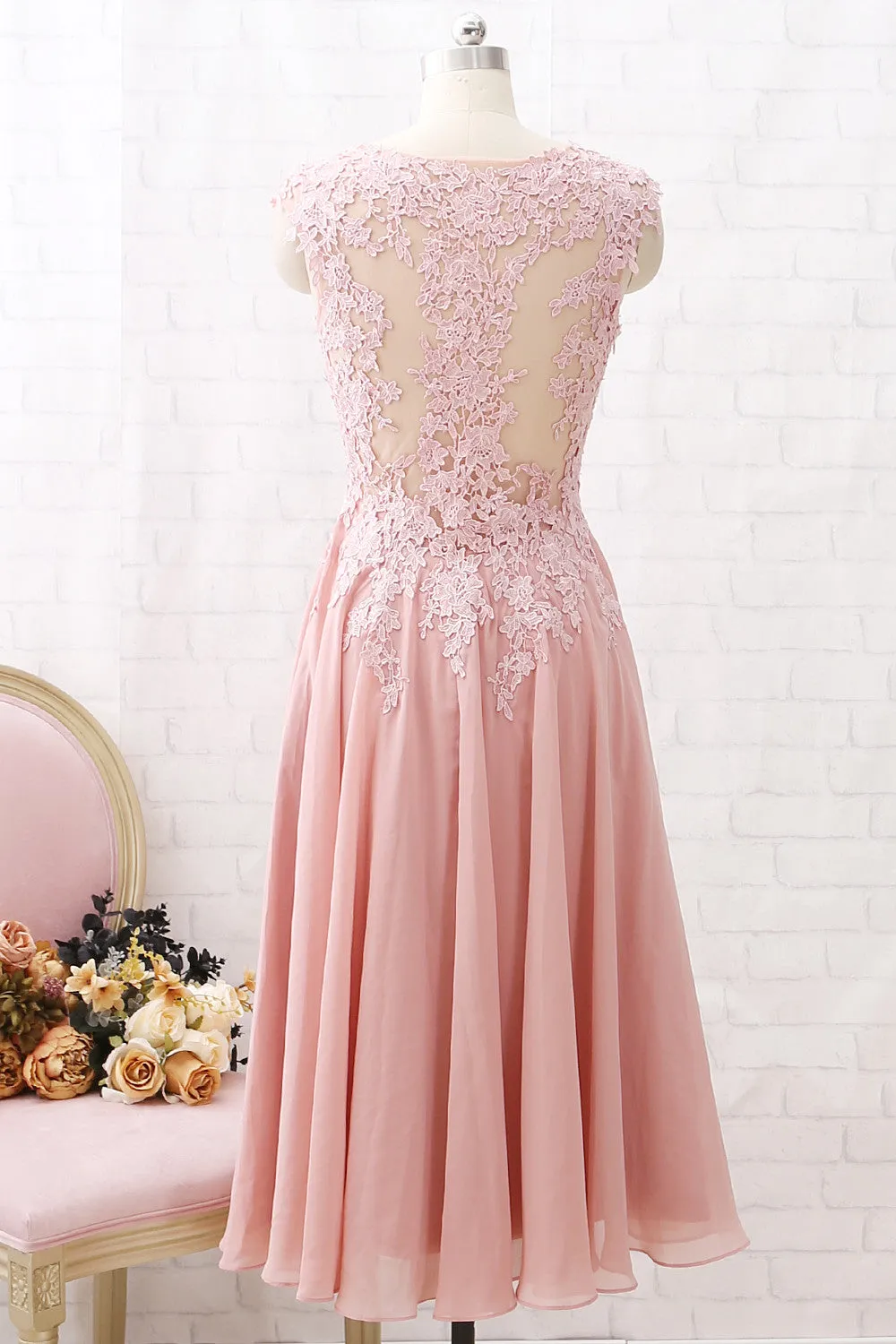 MACloth V Neck Lace Illusion Midi Prom Homecoming Dress Dusty Pink Formal Party Dress