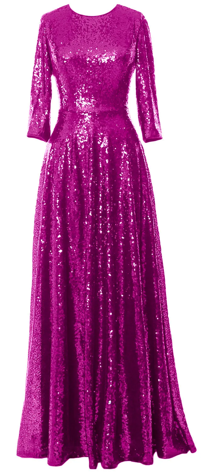 MACloth Women 3/4 Sleeves Sequin Evening Gown Vintage Mother of The Bride Dress