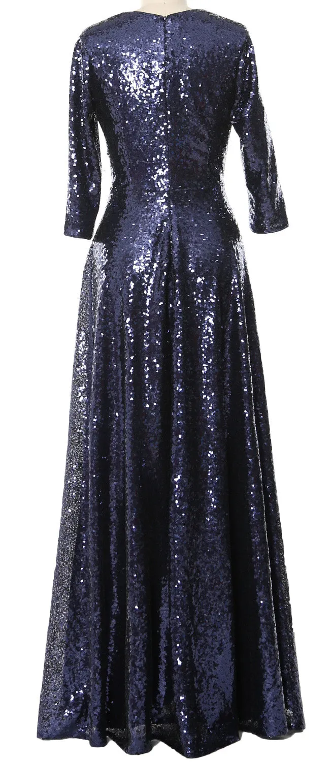 MACloth Women 3/4 Sleeves Sequin Evening Gown Vintage Mother of The Bride Dress
