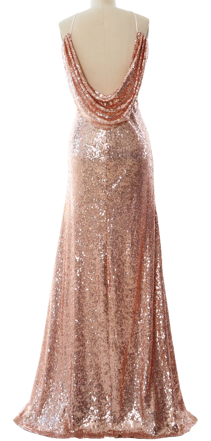 MACloth Women Bridesmaid Dress Sequin Long Halter Cowlback Prom Ball Gown