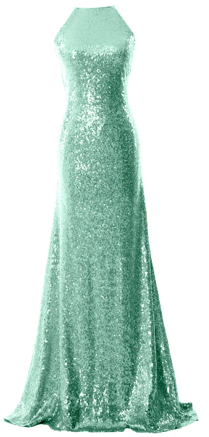 MACloth Women Bridesmaid Dress Sequin Long Halter Cowlback Prom Ball Gown