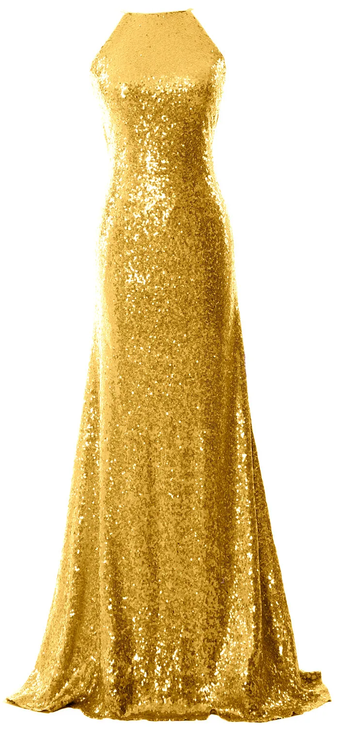 MACloth Women Bridesmaid Dress Sequin Long Halter Cowlback Prom Ball Gown