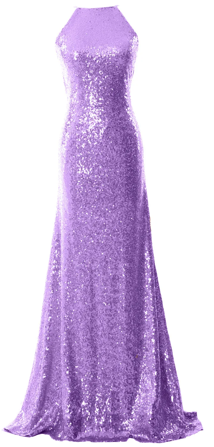 MACloth Women Bridesmaid Dress Sequin Long Halter Cowlback Prom Ball Gown