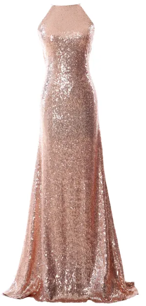 MACloth Women Bridesmaid Dress Sequin Long Halter Cowlback Prom Ball Gown