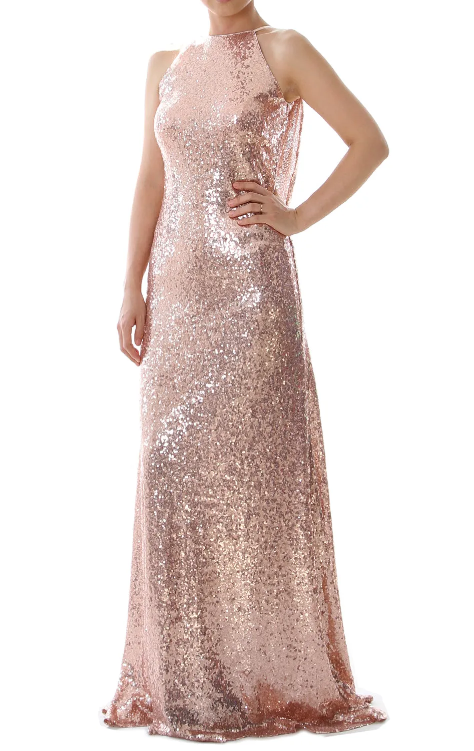 MACloth Women Bridesmaid Dress Sequin Long Halter Cowlback Prom Ball Gown