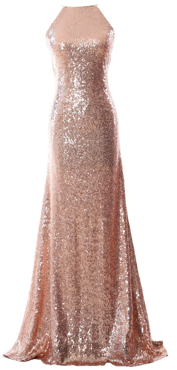 MACloth Women Bridesmaid Dress Sequin Long Halter Cowlback Prom Ball Gown
