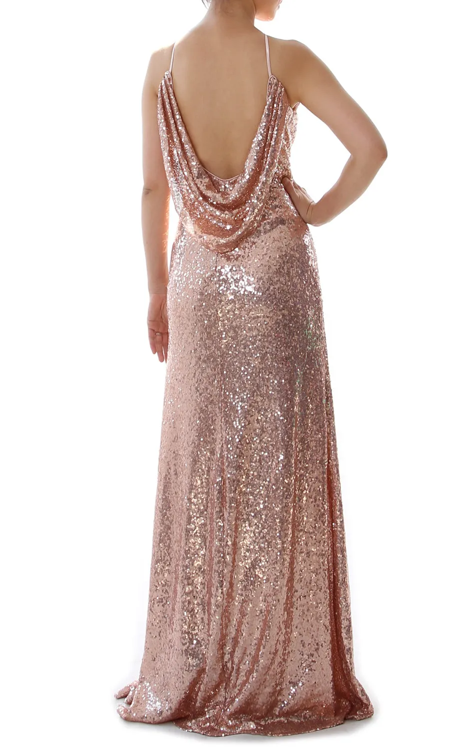 MACloth Women Bridesmaid Dress Sequin Long Halter Cowlback Prom Ball Gown