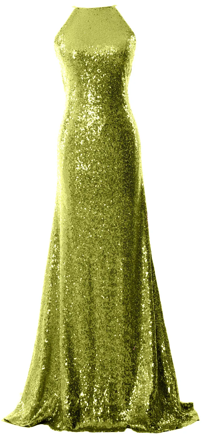 MACloth Women Bridesmaid Dress Sequin Long Halter Cowlback Prom Ball Gown