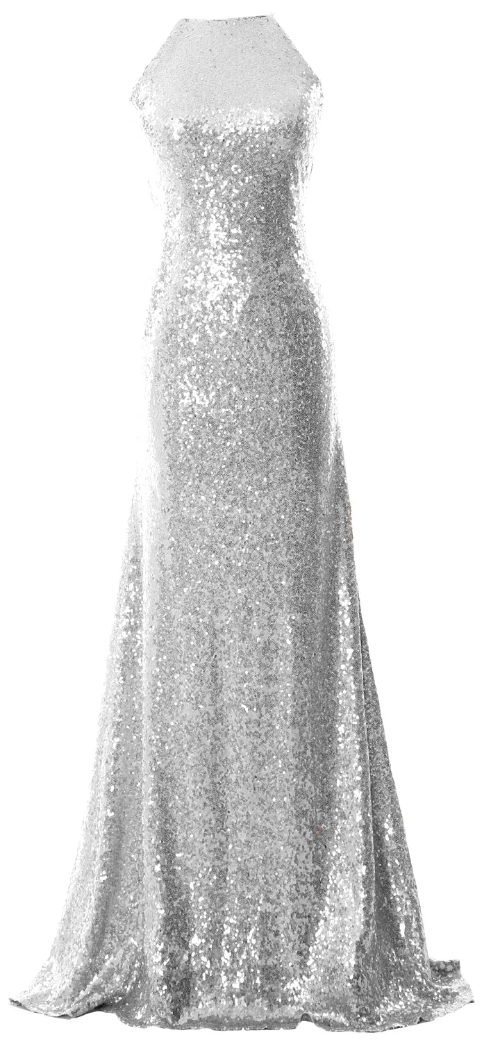 MACloth Women Bridesmaid Dress Sequin Long Halter Cowlback Prom Ball Gown