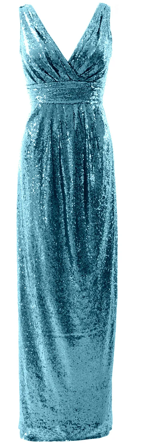 MACloth Women Bridesmaid Dresses V Neck Sleeveless Sequin Formal Evening Gown