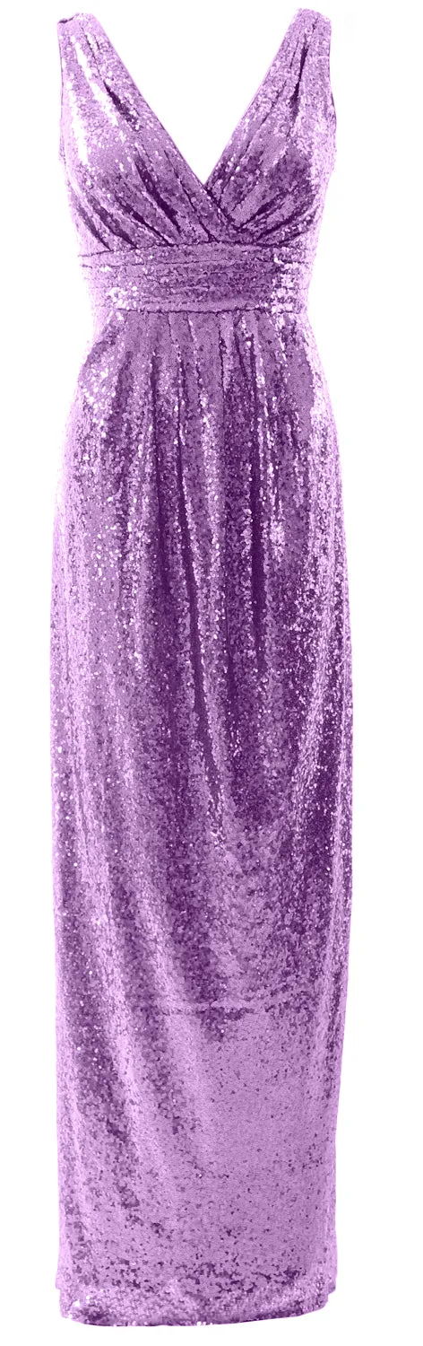 MACloth Women Bridesmaid Dresses V Neck Sleeveless Sequin Formal Evening Gown