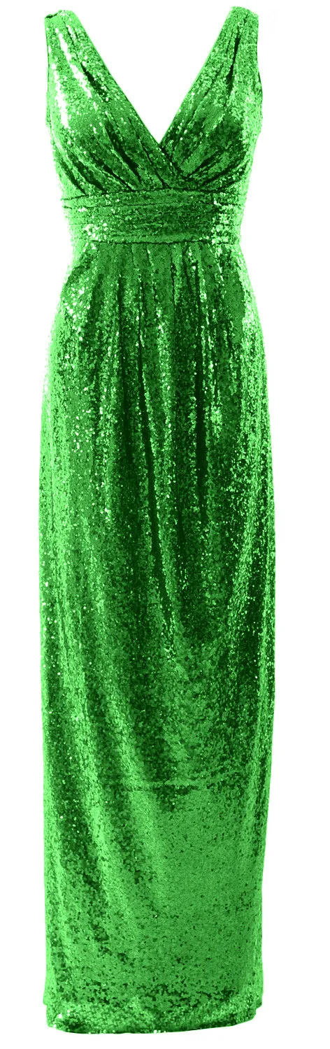 MACloth Women Bridesmaid Dresses V Neck Sleeveless Sequin Formal Evening Gown