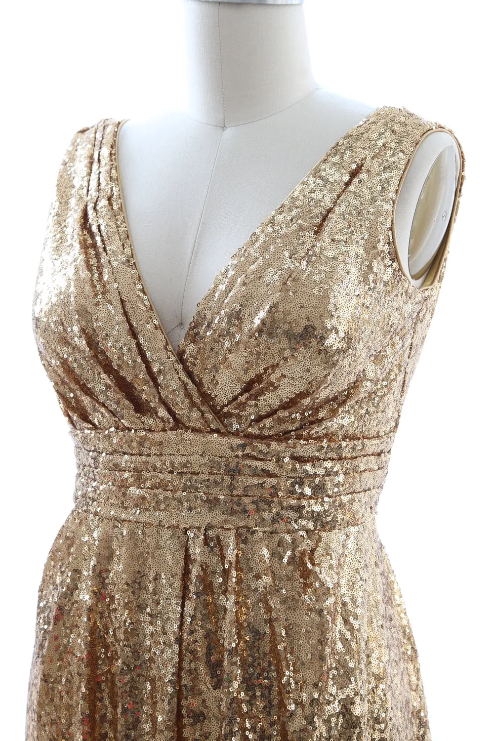 MACloth Women Bridesmaid Dresses V Neck Sleeveless Sequin Formal Evening Gown