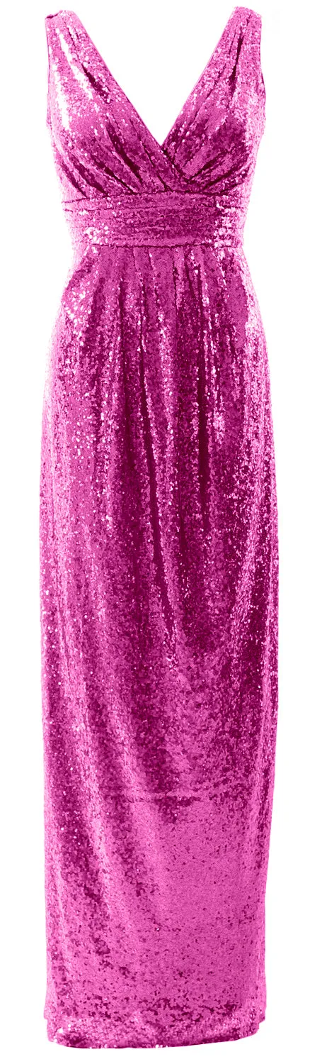 MACloth Women Bridesmaid Dresses V Neck Sleeveless Sequin Formal Evening Gown
