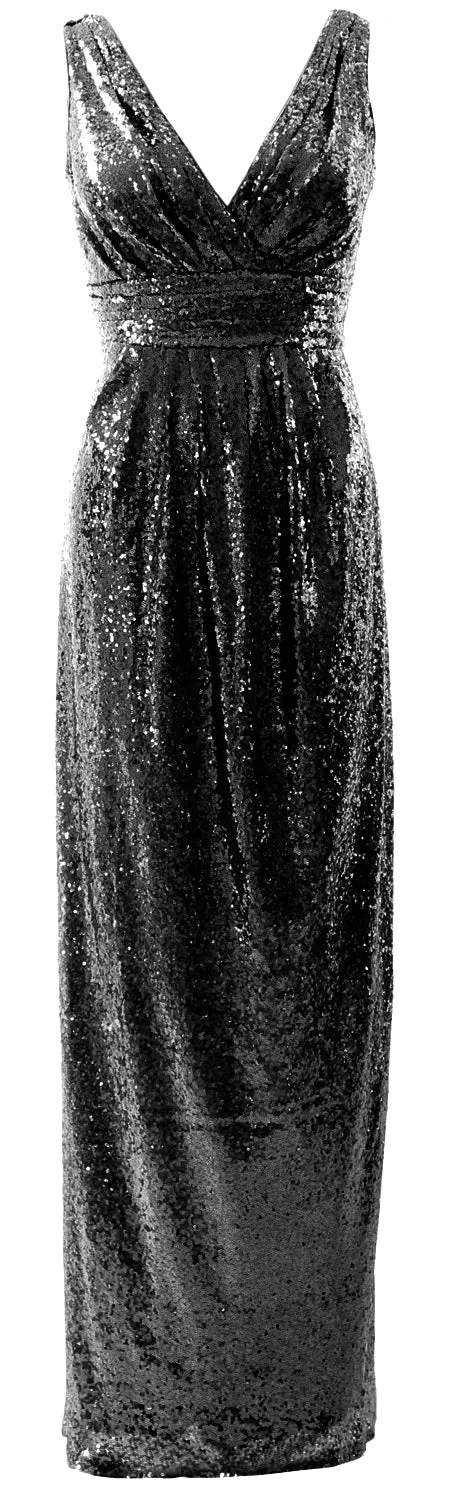 MACloth Women Bridesmaid Dresses V Neck Sleeveless Sequin Formal Evening Gown