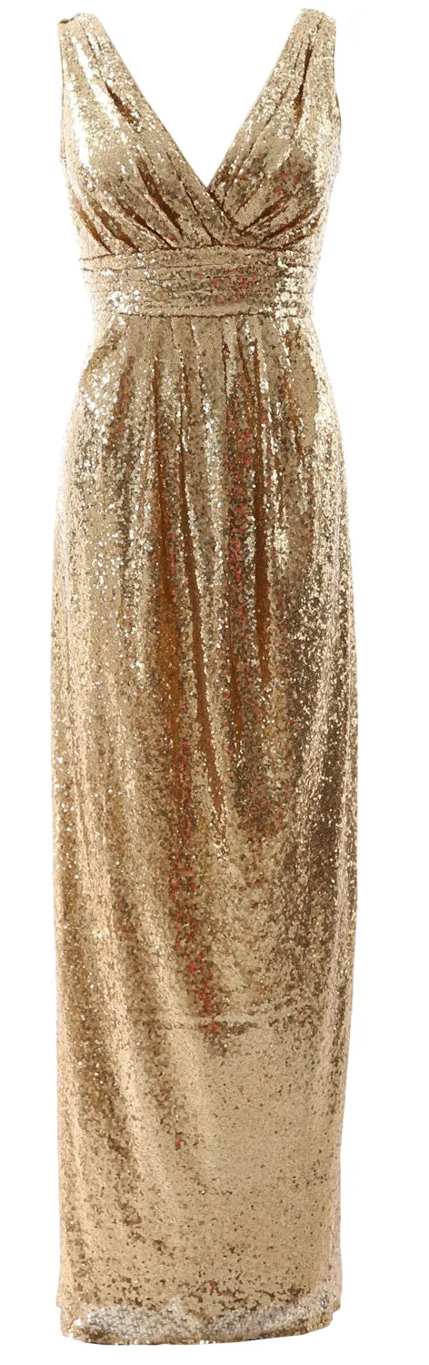 MACloth Women Bridesmaid Dresses V Neck Sleeveless Sequin Formal Evening Gown