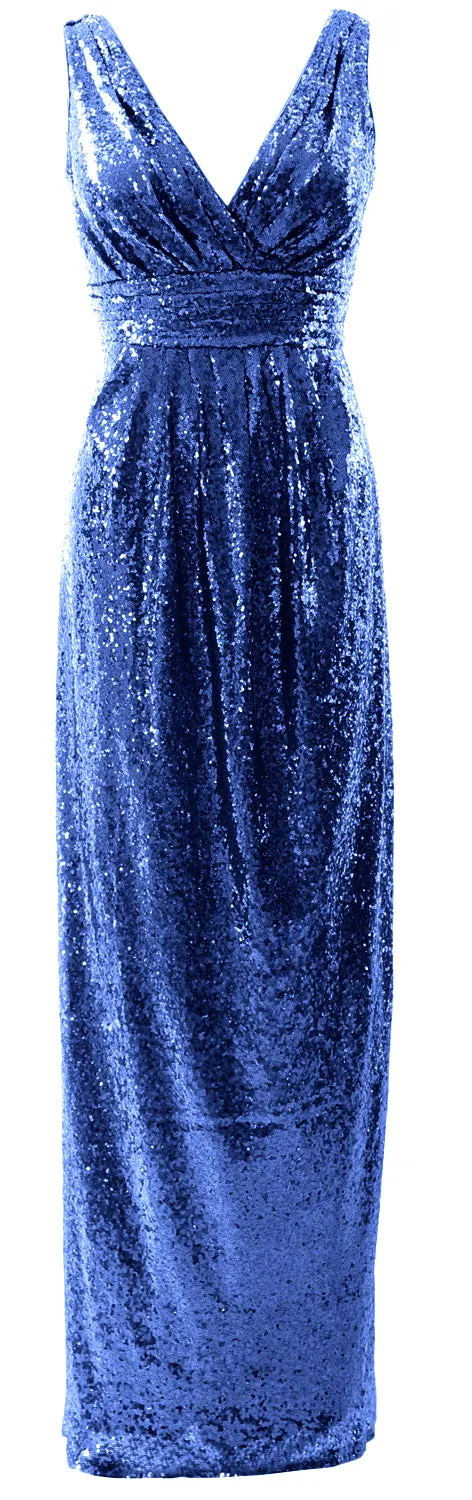 MACloth Women Bridesmaid Dresses V Neck Sleeveless Sequin Formal Evening Gown