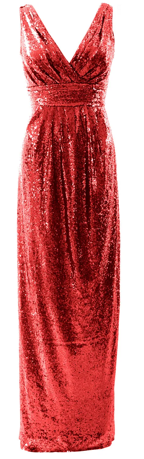 MACloth Women Bridesmaid Dresses V Neck Sleeveless Sequin Formal Evening Gown